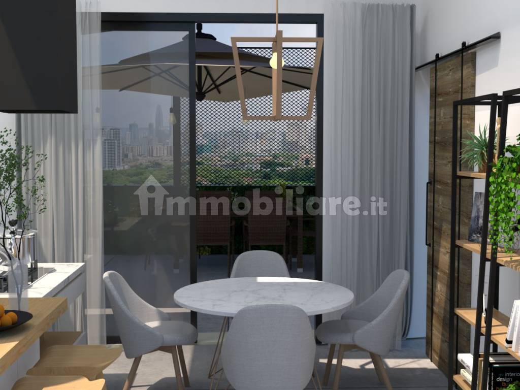 Render cucina con vista sull'esterno.