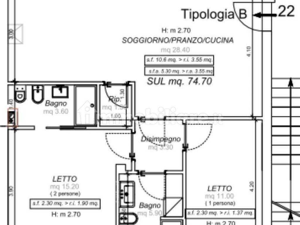 piantina tipo due camere due bagni , piano secondo