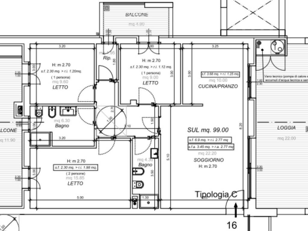 piantina tipo tre camere due bagni, piano primo (p