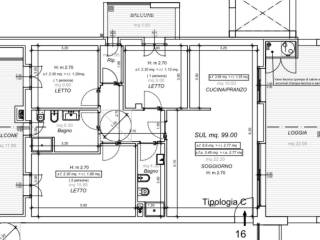 piantina tipo tre camere due bagni, piano primo (p