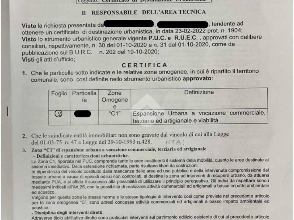 Certificato destinazione